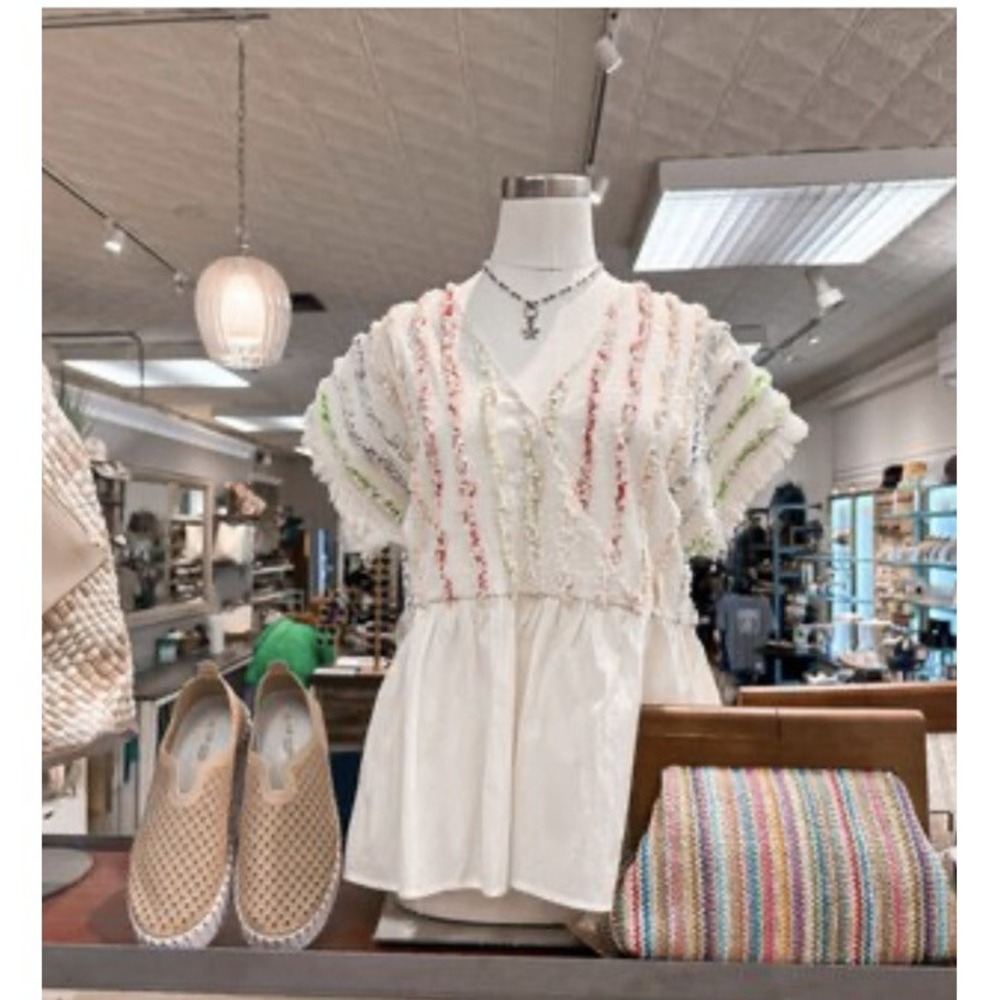 THML Oatmeal & Colorful Rainbow Peplum M  Boho Fringe Top New Anthropologie